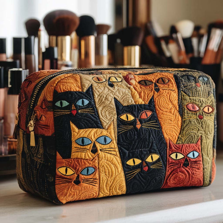 Charming Cat-Themed Quilted Makeup Bag