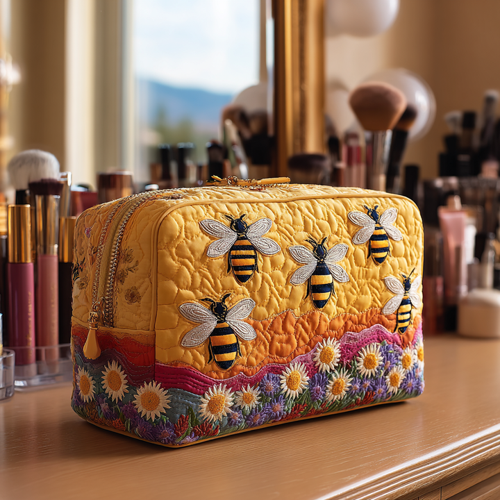 Bees and Flowers Quilted Cosmetic Bag