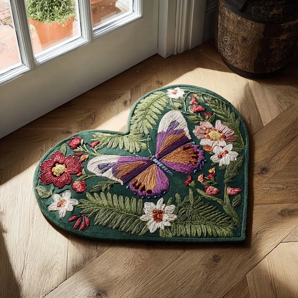 Custom Butterfly Emerald Heart Shaped Doormat