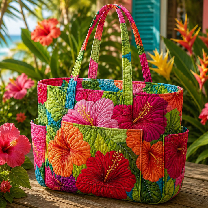 Catherine | Quilted Tote Bag with Bright Hibiscus