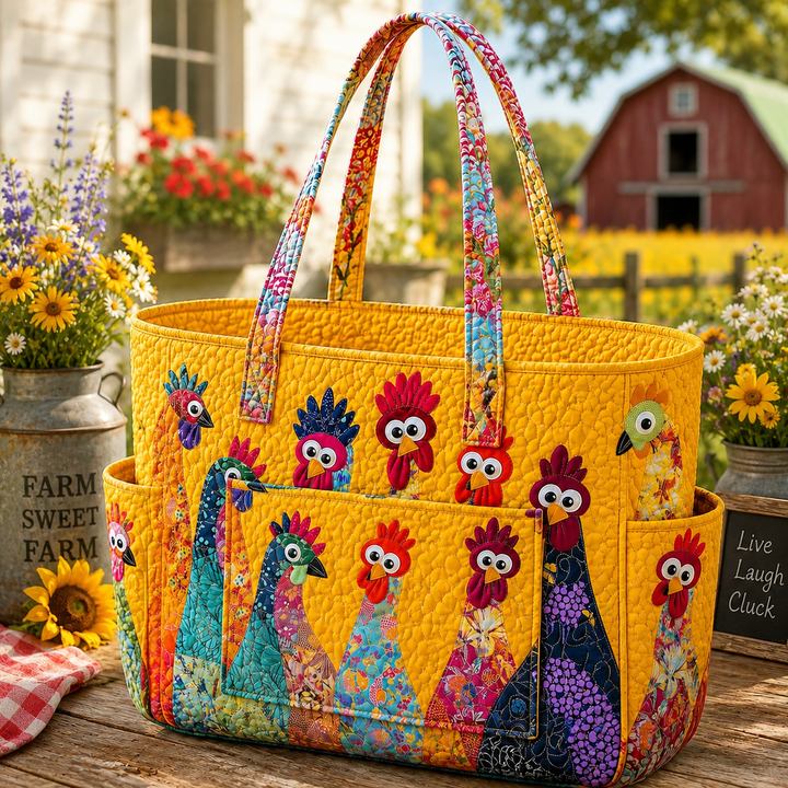 Colette | Quilted Tote Bag with a Whimsical Hen