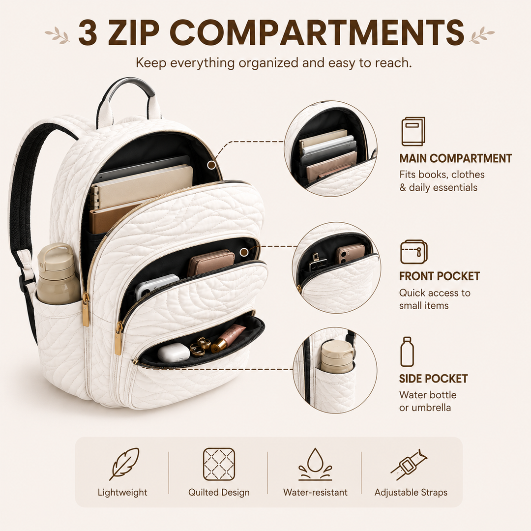 Floral Bee Quilted Backpack with Triple Zipper Design