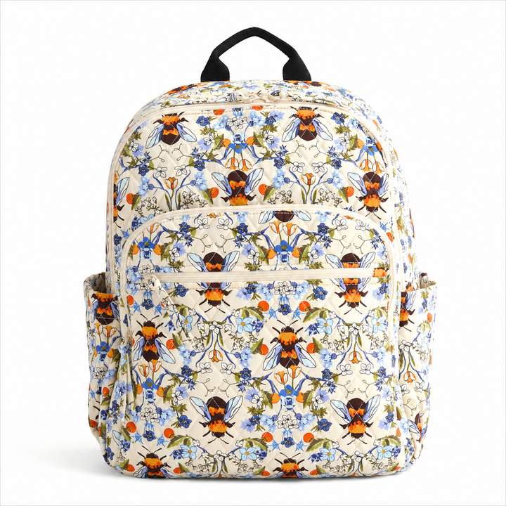 Floral Bee Quilted Backpack with Triple Zipper Design