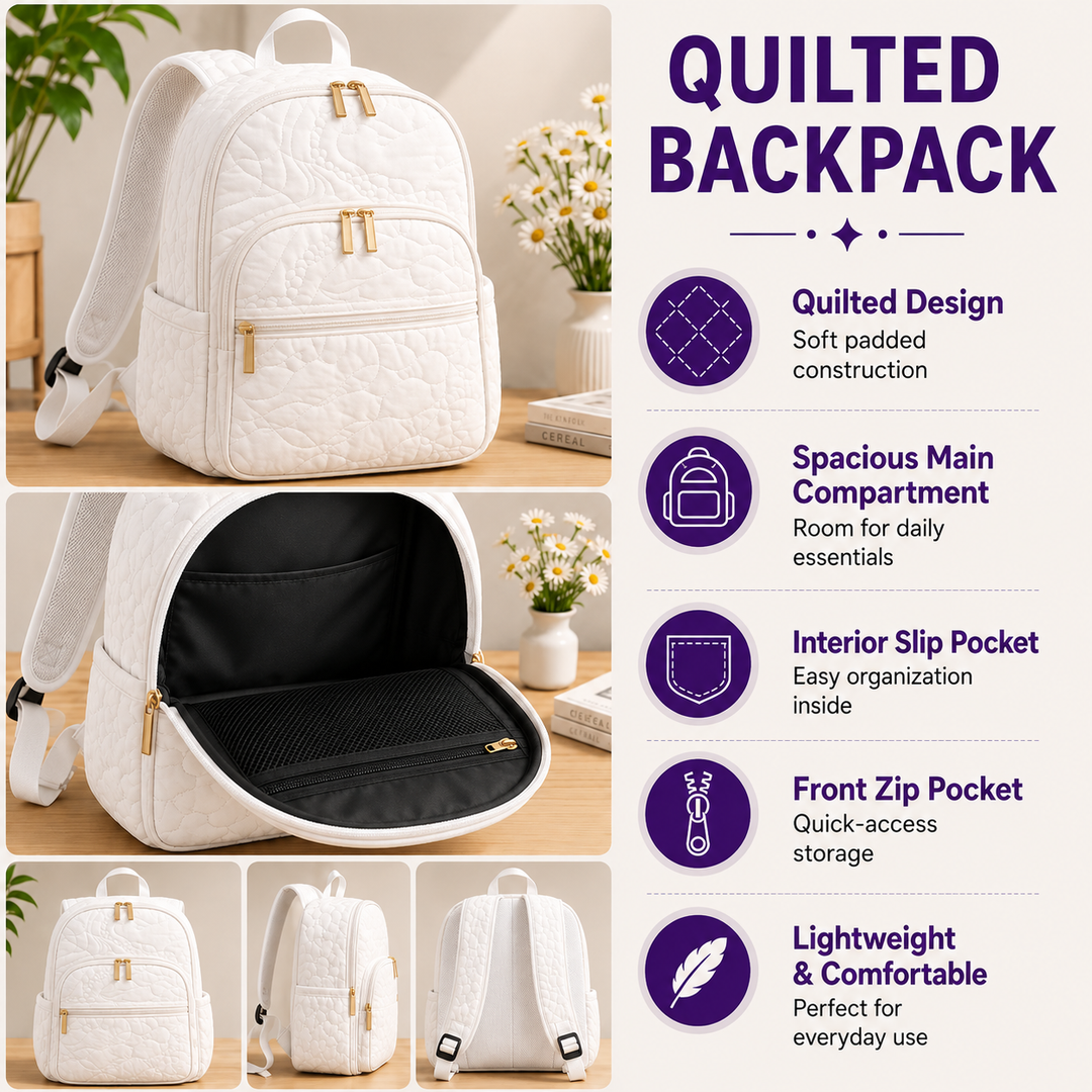 Retro Floral Quilted Backpack with Triple Zipper Design