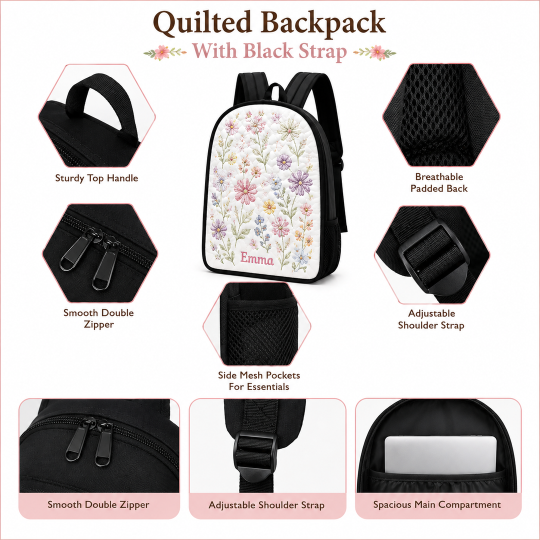 Personalised Floral Quilted Black Cat Backpack