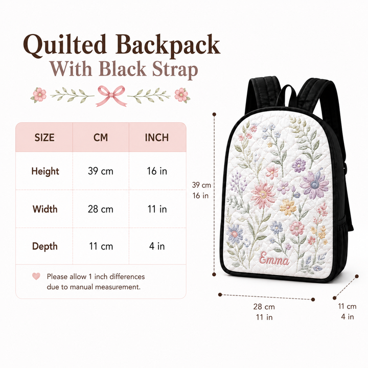 Personalized Floral Corgi Quilted Backpack with Black Strap