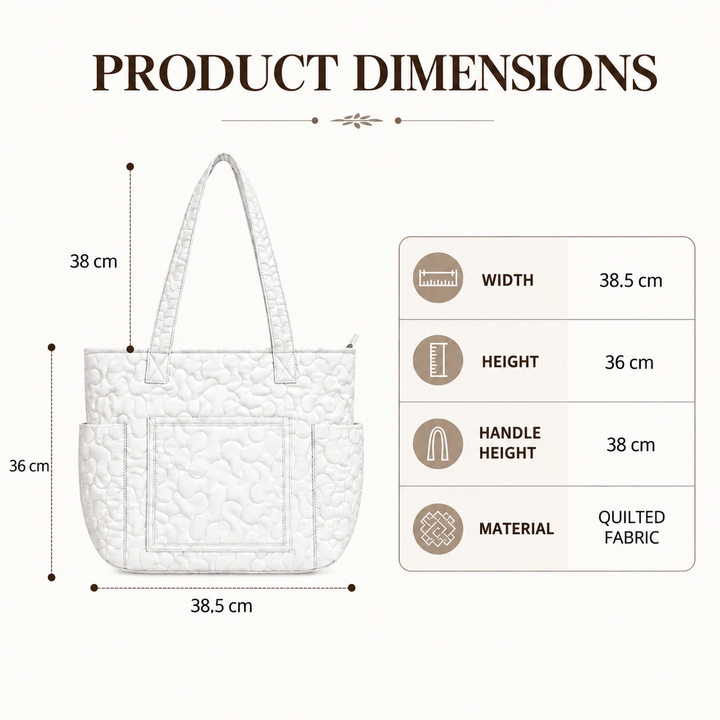 Product dimensions: 38.5 cm wide, 36 cm high, 38 cm handle height, quilted fabric