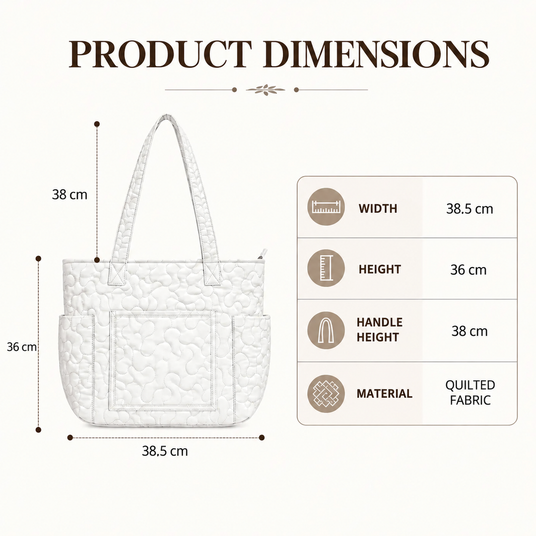 Product dimensions: 38.5 cm wide, 36 cm high, 38 cm handle height, quilted fabric