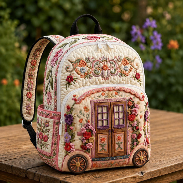 Retro Floral Quilted Backpack with Vintage Camper Design