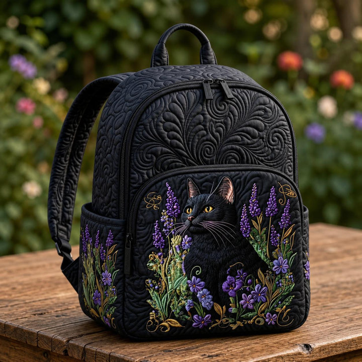 Quilted Backpack with Black Cat and Lavender Design