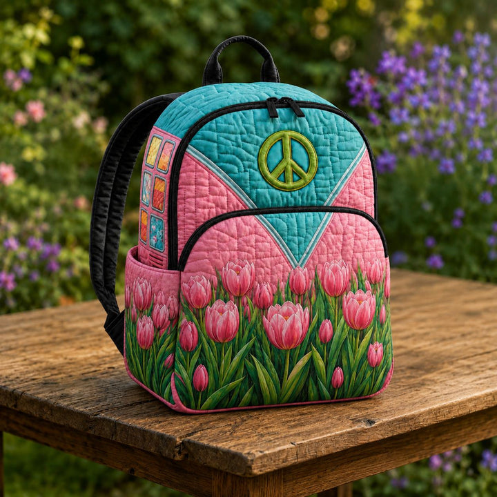 Quilted Backpack with Peace Sign Tulip Design - Hippie Style