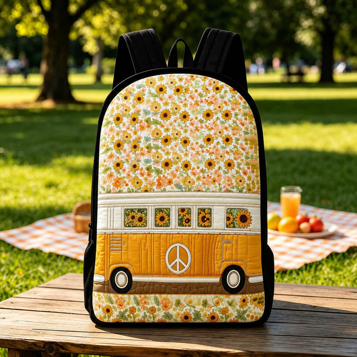 Quilted Hippie Van Sunflower Backpack with Black Strap