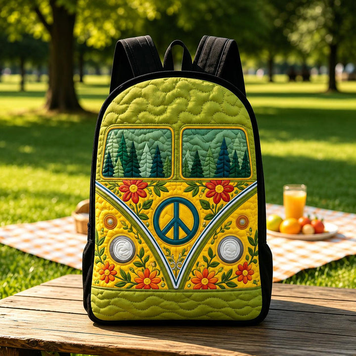 Retro Hippie Camper Van Quilted Backpack with Black Strap