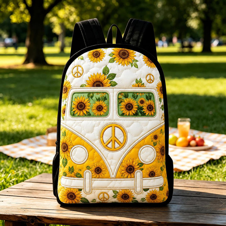 Vintage Sunflower Hippie Van Quilted Backpack with Black Strap