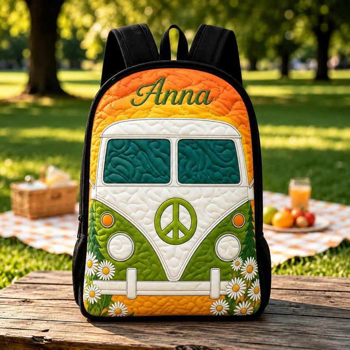 Custom Hippie Van Quilted Backpack with Black Strap