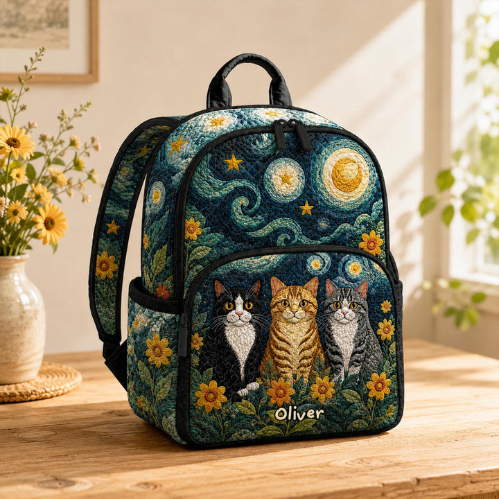 Custom Starry Night Cats Quilted Backpack