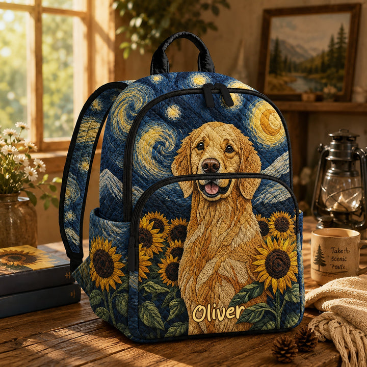 Personalized Quilted Backpack featuring Golden Retriever and Starry Night Design
