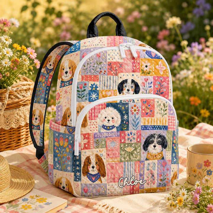 Custom Quilted Backpack with Flower & Dog Design