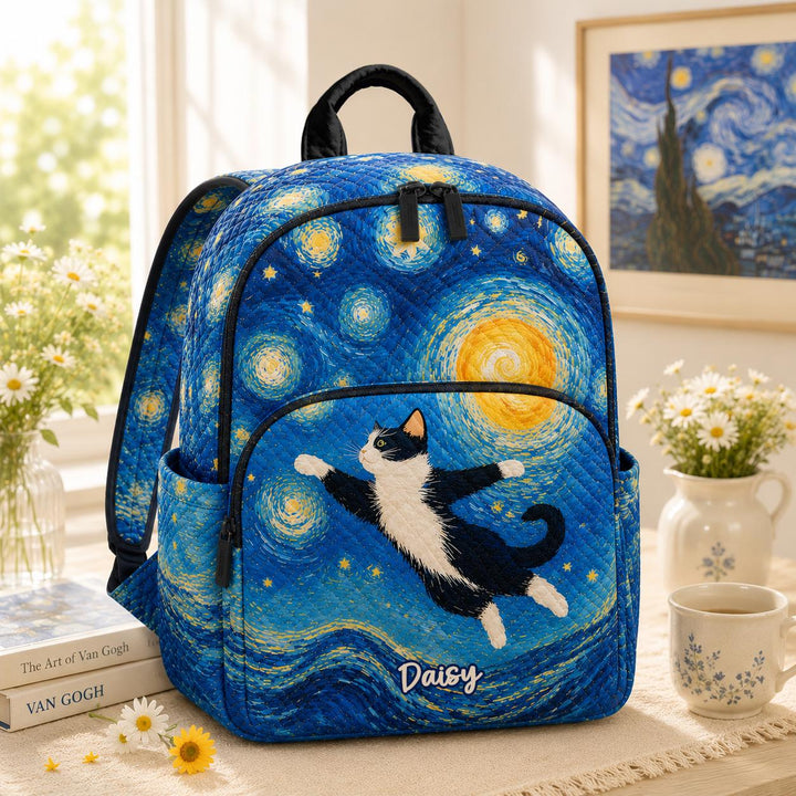 Adorable Tuxedo Cat Blue Personalized Quilted Backpack