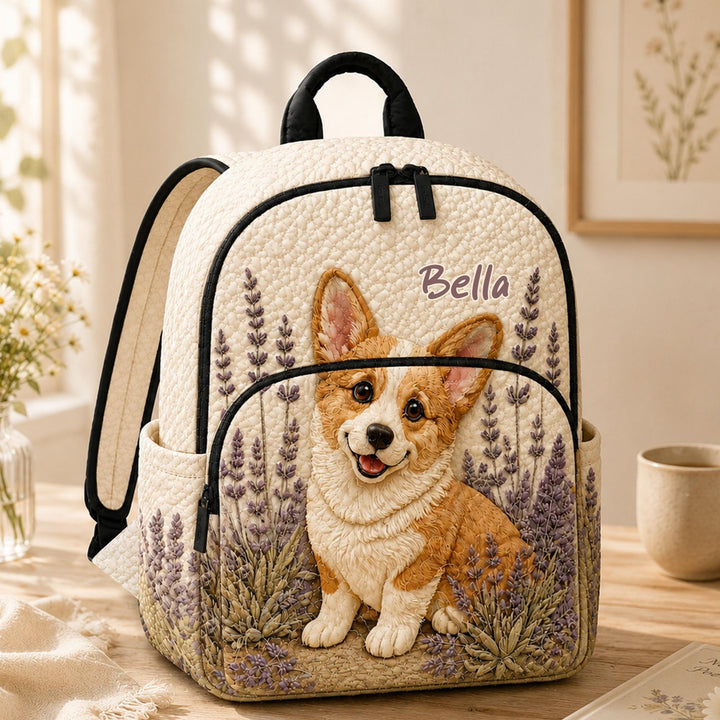 Personalized Quilted Backpack with Corgi & Lavender Floral Design