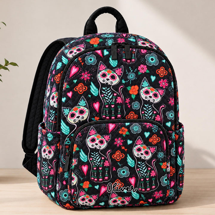 Personalized Quilted Backpack - Day of the Dead Cat Design