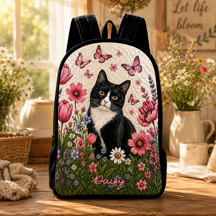 Personalized Quilted Backpack Featuring Adorable Black Cat and Daisies with Black Strap