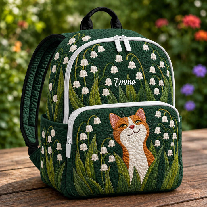 Personalized Quilted Backpack with Orange Cat & Lily of the Valley Design
