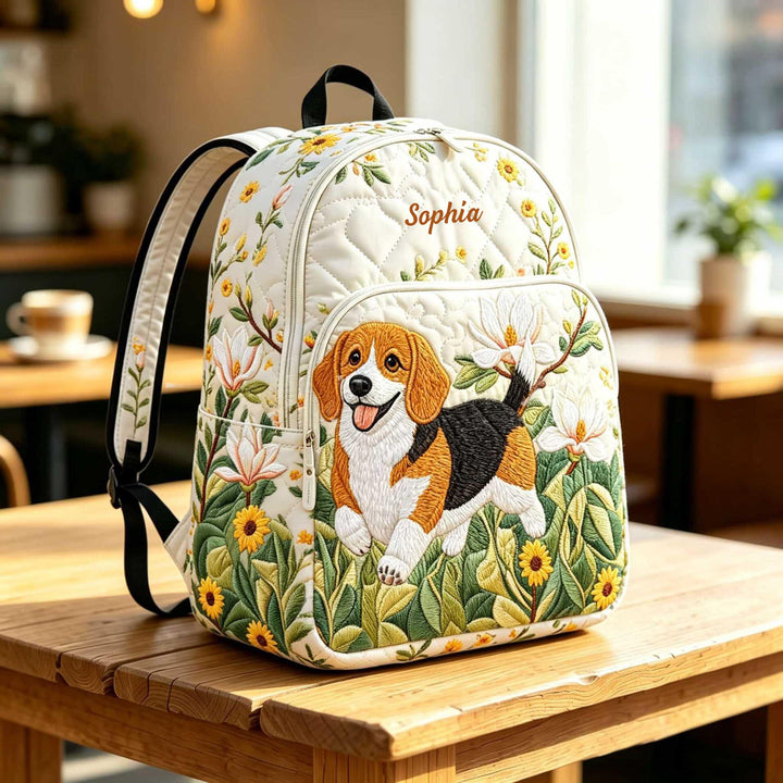Personalized Quilted Backpack with Beagle Puppy and Floral Design