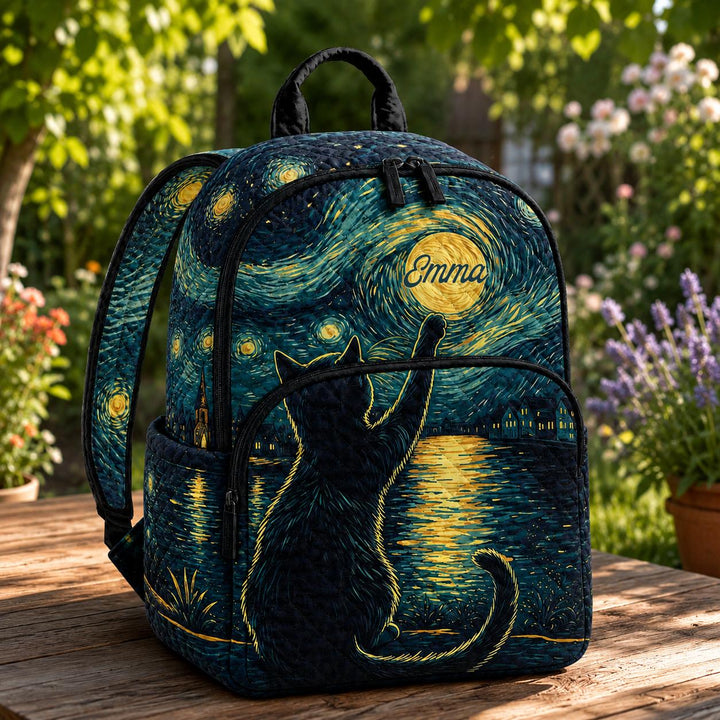 Custom Starry Night Cat Quilted Backpack