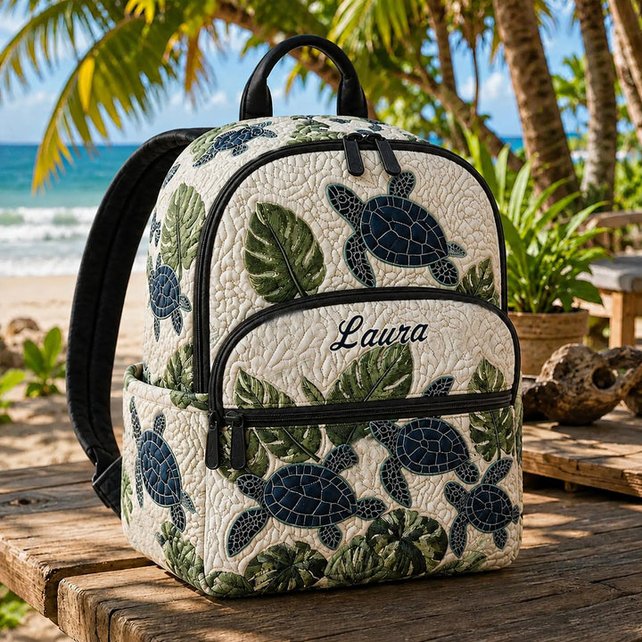 Custom Sea Turtle Quilted Backpack with Triple Zipper