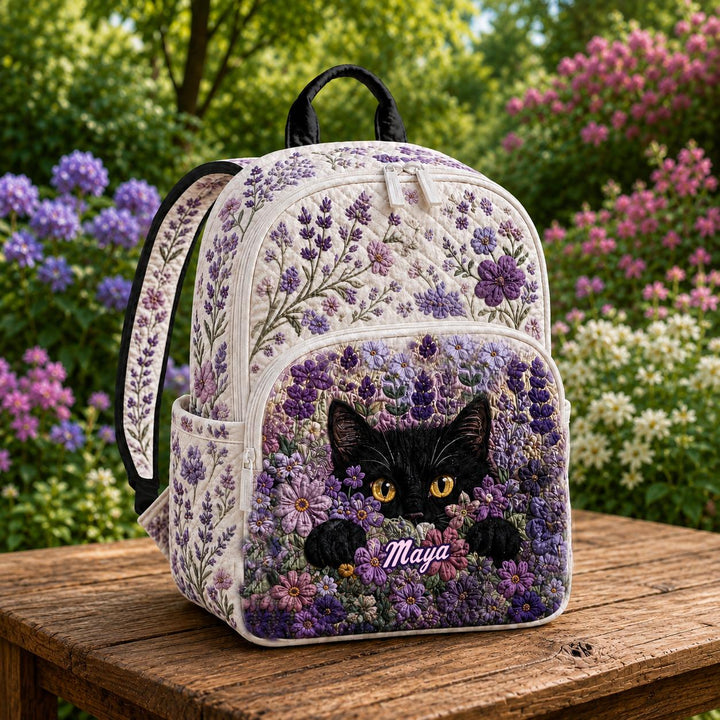 Custom Quilted Backpack with Black Cat & Purple Lavender Design