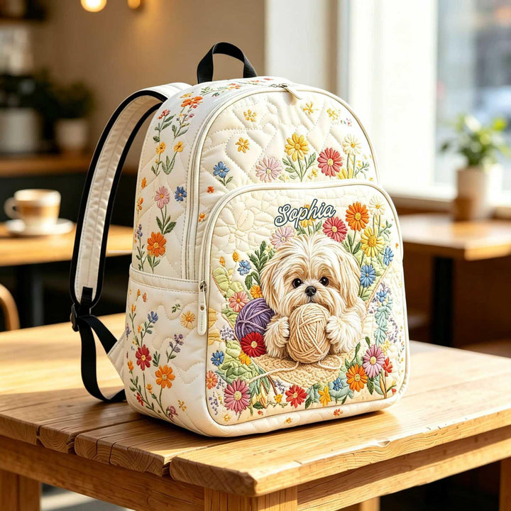 Personalized Quilted Backpack with Adorable Dog and Floral Design