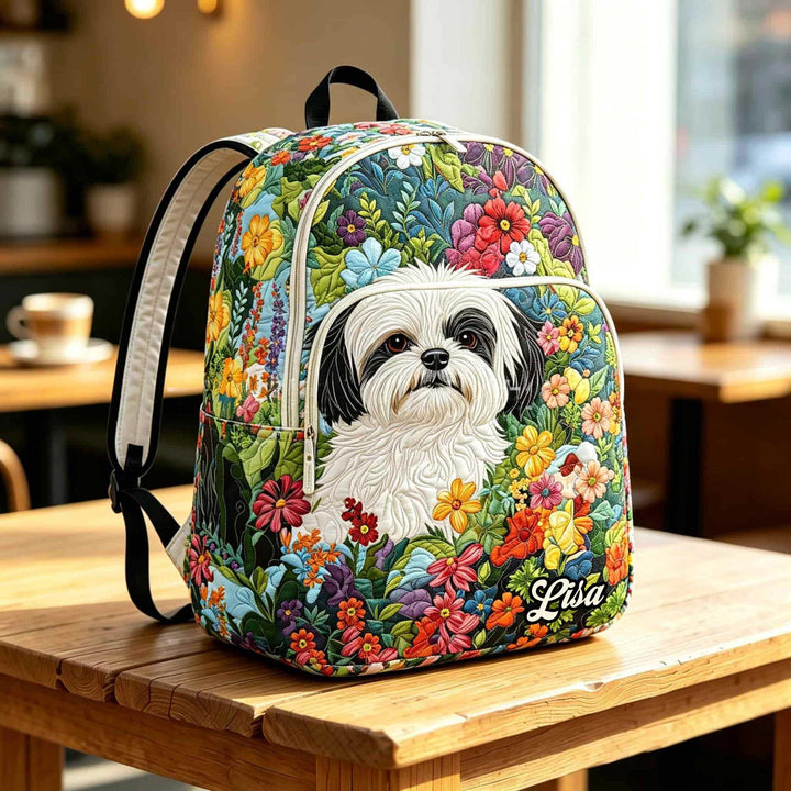 Personalized Quilted Backpack with Shih Tzu Floral Design