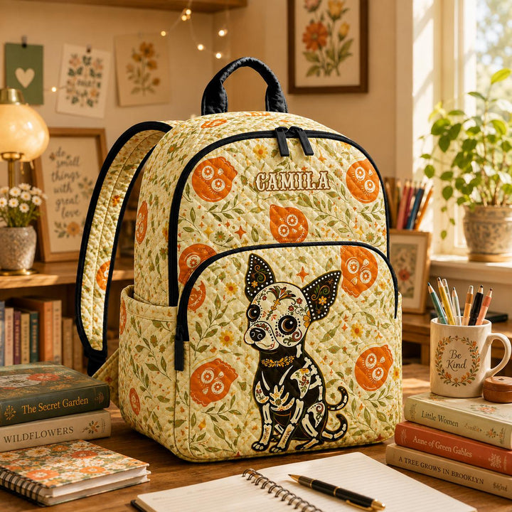 Custom Sugar Skull Chihuahua Quilted Backpack