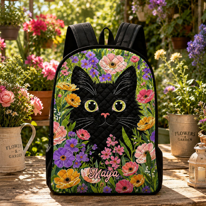 Personalised Floral Quilted Black Cat Backpack