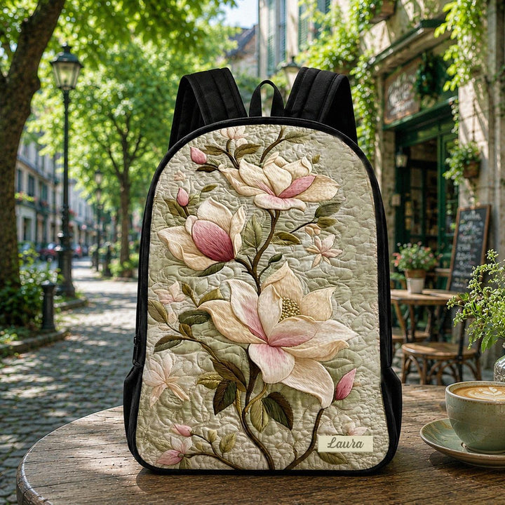Personalized Magnolia Floral Quilted Backpack with Black Strap