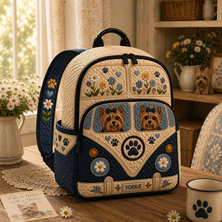 Personalized Quilted Backpack - Yorkie Camper Van Design