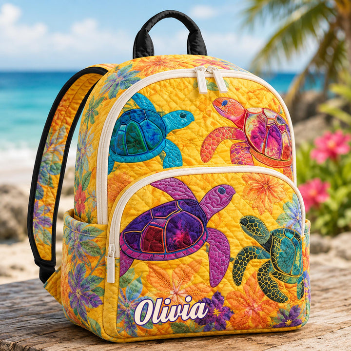 Customizable Yellow Tropical Turtle Quilted Backpack