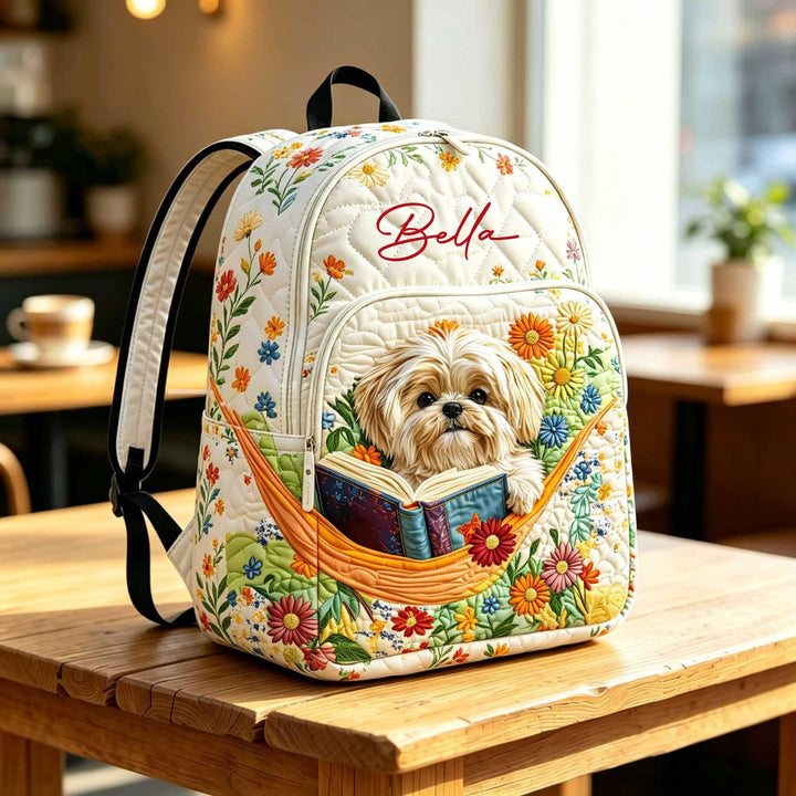 Adorable Personalized Quilted Backpack Featuring a Reading Shih Tzu