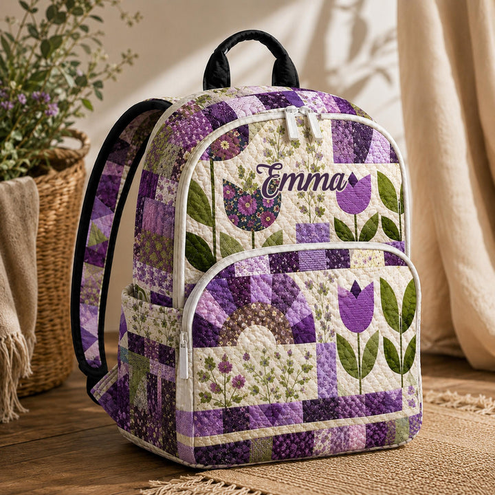 Customizable Quilted Backpack with Purple Floral Patchwork