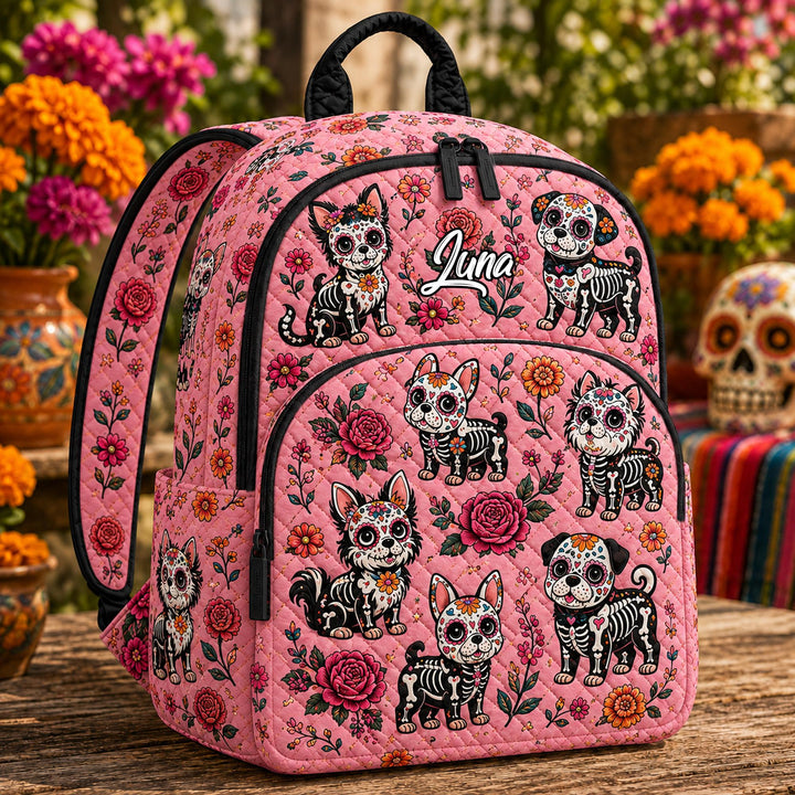 Personalized Pink Quilted Backpack with Sugar Skull Dog Design