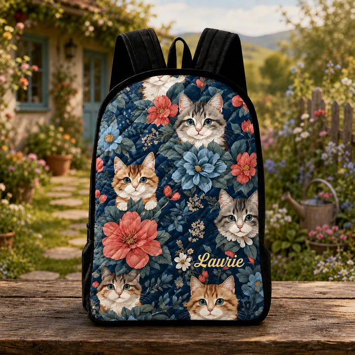 Personalized Quilted Backpack with Adorable Kitten and Flower Design & Black Strap