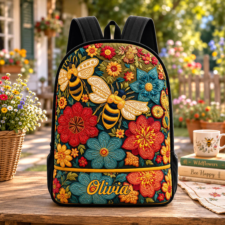 Personalized Bee Happy Wildflower Quilted Backpack with Black Strap