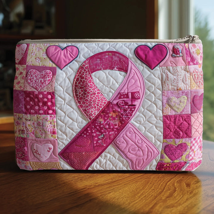 Breast Cancer Ribbon Quilted Pouch V4