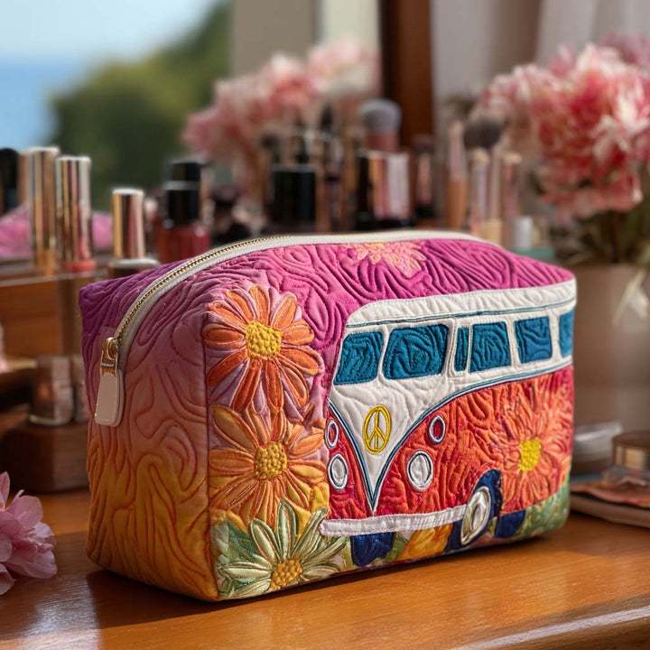 Retro Travel Pattern Quilted Cosmetic Bag