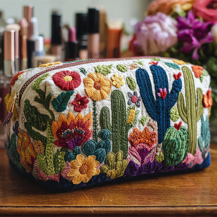 Succulent-Patterned Quilted Cosmetic Bag