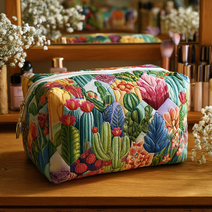 Succulent-Print Quilted Cosmetic Bag