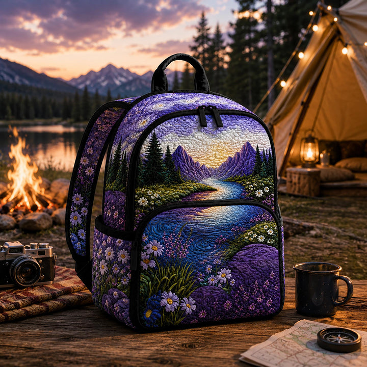 Quilted Backpack with Purple Wildflower and Mountain Design